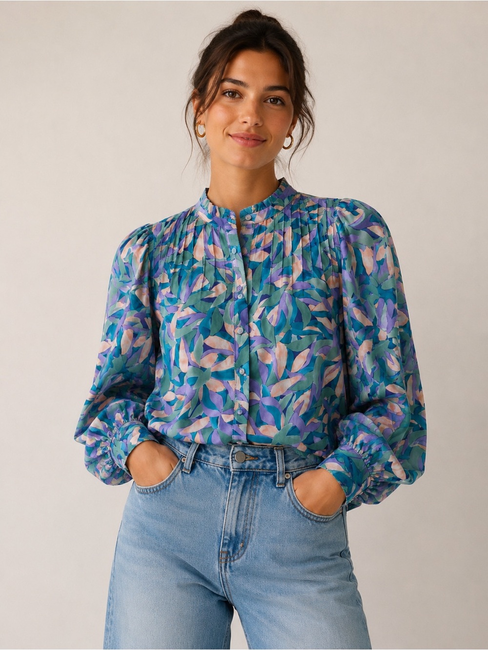 Opullence Paris Abstract Print Sheer Button Front Blouse Medium EUC